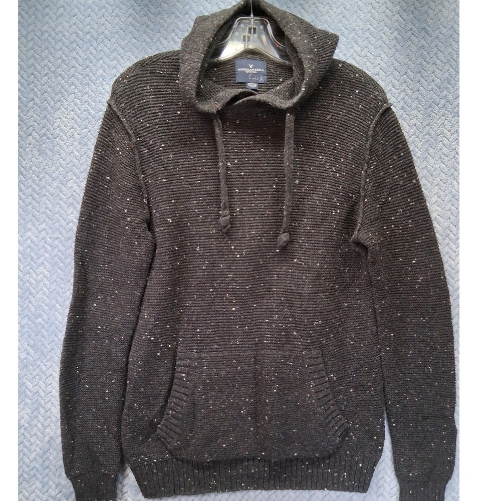 American Eagle Mens XS Donegal Knit Hoodie Sweater Charcoal Grey Silk Wool Blend